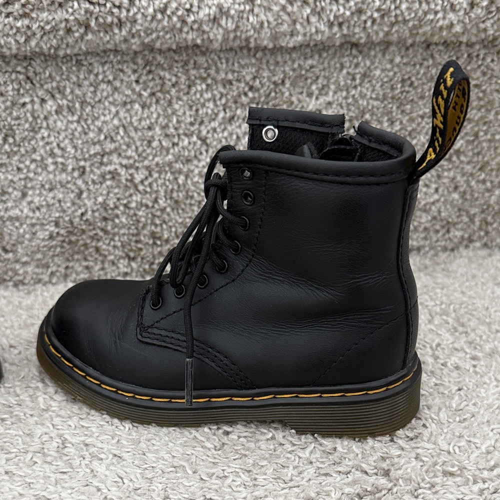 Dr. Martens Girls Black Lace-Up Combat Boots with Yellow Stitching - Picture 8 of 13